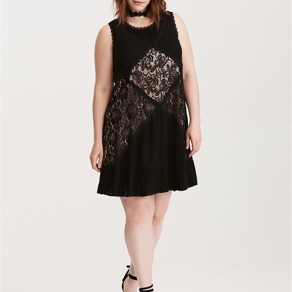 Torrid Mixed Fabric & Lace Trapeze Dress - Black/Nude 2 - Picture 1 of 10